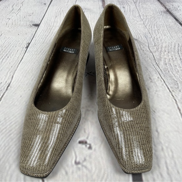 STUART WEITZMAN vintage square toe block heel shimmer snake skin leather shoes 7 - Picture 4 of 11
